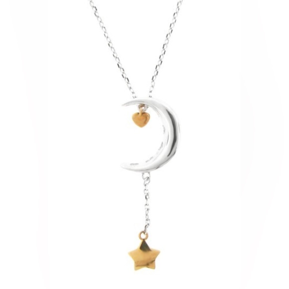 Meredith Leigh Sterling Silver Crescent Moon 14K Yellow Gold Star Heart Necklace